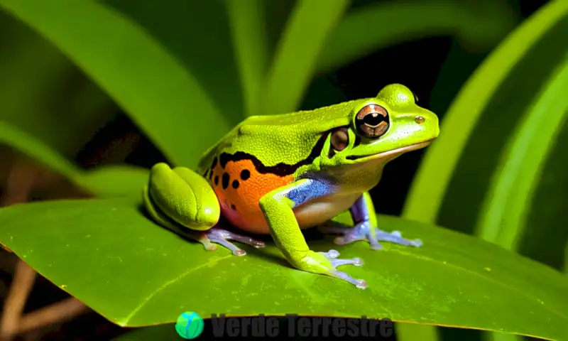 Ilustración realista de ranas venenosas de Florida en un entorno tropical, destacando sus colores y características únicas