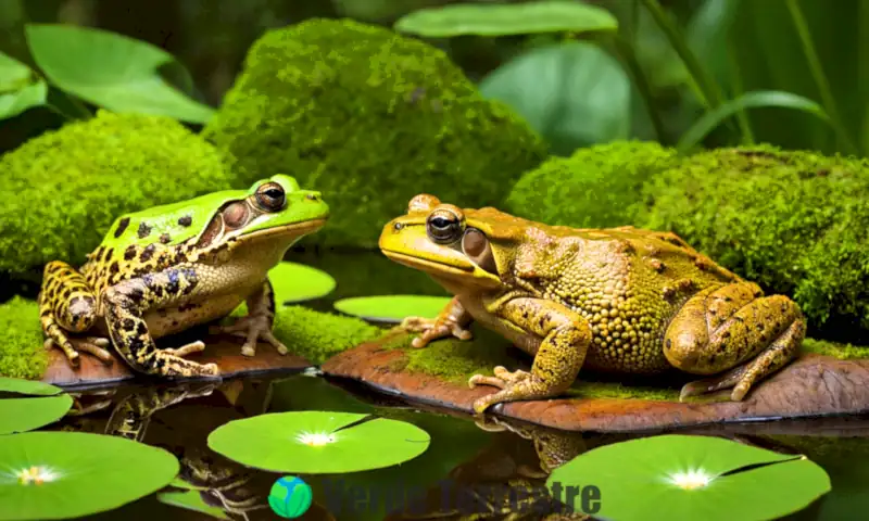 Ilustración realista de sapos venenosos de Florida en un pantano, resaltando sus colores brillantes y patrones distintivos