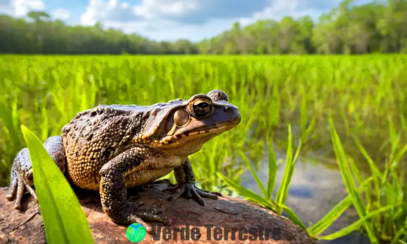 Imagen de sapos venenosos de Florida en un humedal, mostrando su colorido y patrones, con un kit de primeros auxilios y una figura humana observando a distancia