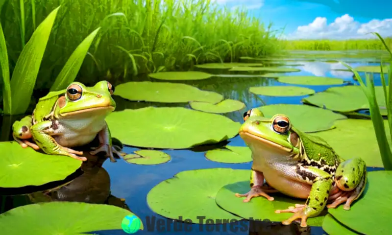 Rana de colores brillantes y sapo de piel rugosa junto a un estanque en un humedal verde