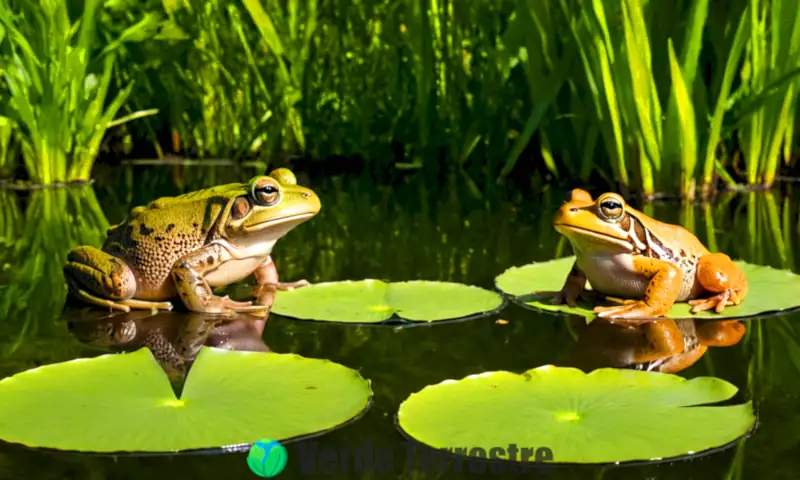 Ilustración que muestra un lago con una rana sobre una hoja de lirio y un sapo en una roca, resaltando sus diferencias en piel y color