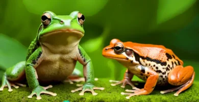 Comparativa educativa entre una rana de piel lisa y colores brillantes y un sapo de piel rugosa en un bosque verde
