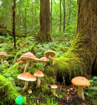 Escena de un bosque surrealista con organismos saprófitos