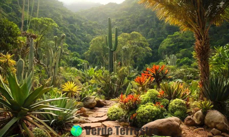 Escena de un bosque seco vibrante con flora y fauna diversas, mostrando cactus, suculentas y aves exóticas, con un fondo que refleja la amenaza de la deforestación y la contaminación