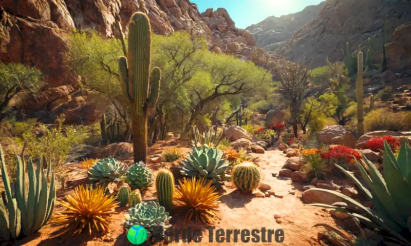 Paisaje de un bosque seco con cactáceas, suculentas y fauna colorida, resaltando la biodiversidad y los contrastes de luz
