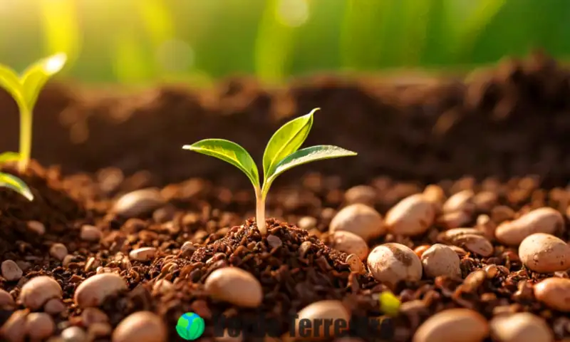 Brote de semillas de durazno en primer plano con tierra rica y herramientas de jardinería