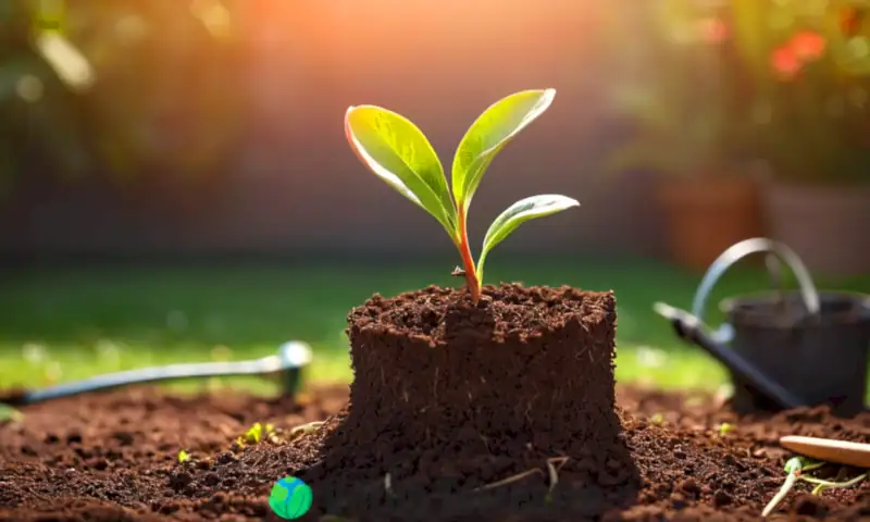 Brote vibrante de durazno emergiendo de la tierra oscura, rodeado de pequeños brotes verdes y herramientas de jardinería bajo la luz del sol