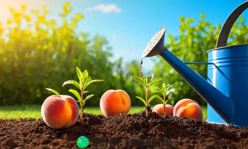 Semillas de durazno germinando en un jardín soleado, con plántulas saludables y herramientas de jardinería