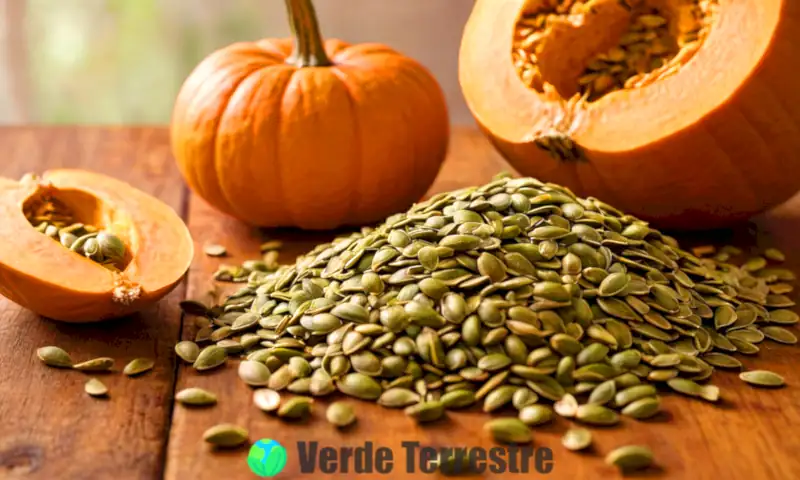 Portada de libro con semillas de calabaza sobre una mesa de madera y un fondo desenfocado de calabaza fresca y hojas verdes