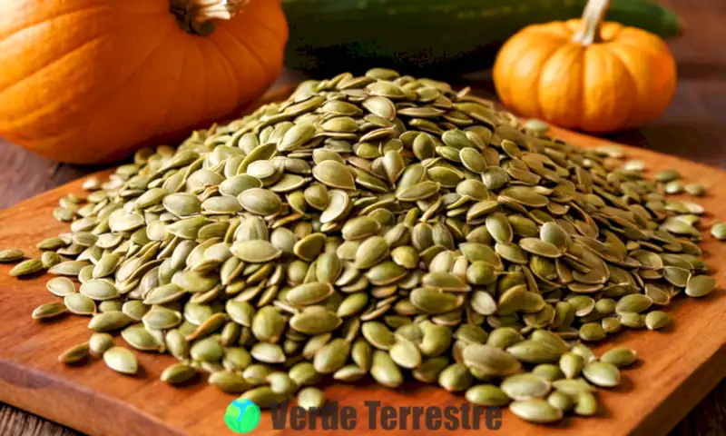 Semillas de calabaza sobre una superficie de madera, rodeadas de hojas verdes y rodajas de calabaza, con un fondo desenfocado y textos sobre beneficios de salud