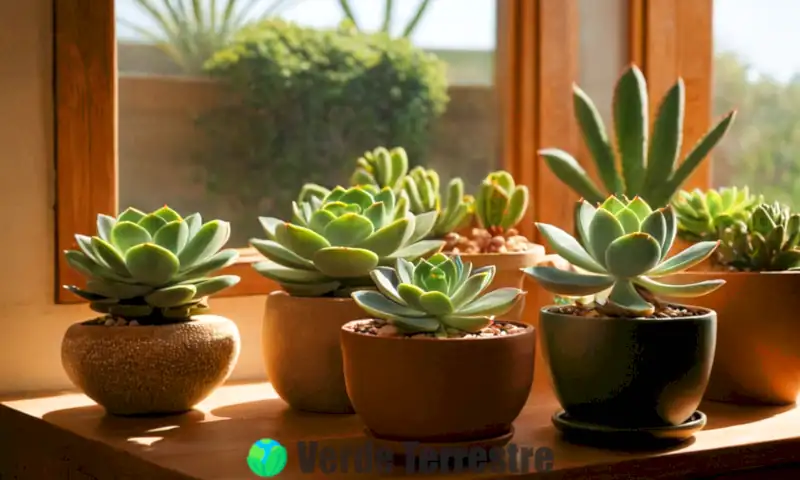 Primer plano de plantas Echeveria setosa en un ambiente luminoso, con texturas y colores variados sobre una mesa de madera