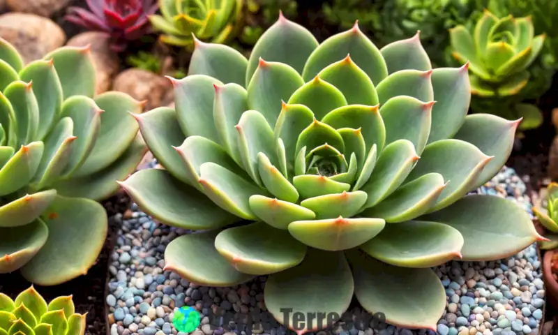 Suculenta Echeveria setosa con hojas peludas en un jardín soleado, rodeada de otras variedades de Echeveria y plantas coloridas
