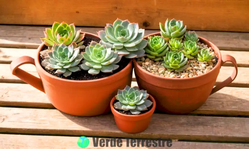 Una Echeveria setosa con hojas peludas y colores variados, rodeada de herramientas de jardinería y piedras decorativas sobre una mesa rústica iluminada por el sol