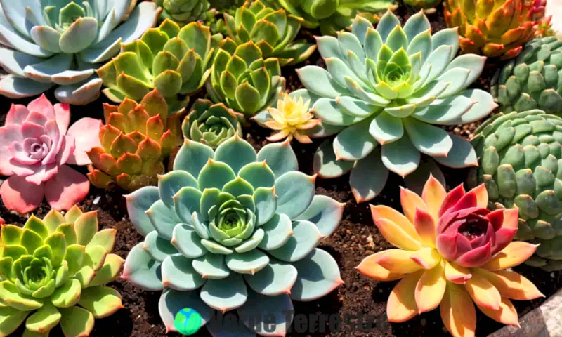Ilustración vibrante de varias variedades de Echeveria, destacando Echeveria setosa en un jardín suculento soleado