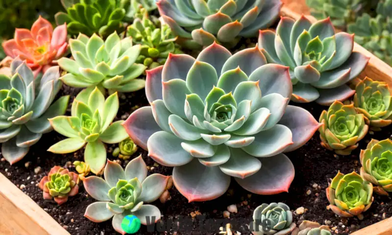 Ilustración botánica de Echeveria setosa en un jardín vibrante, mostrando varias variedades de suculentas en diferentes etapas de crecimiento