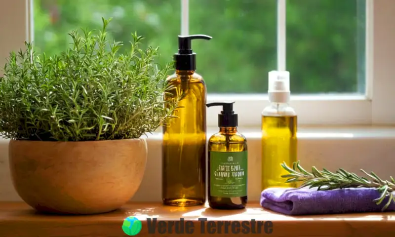 Cocina serena con hierbas aromáticas, una botella de champú herbal y luz solar destacando un ambiente acogedor y ecológico