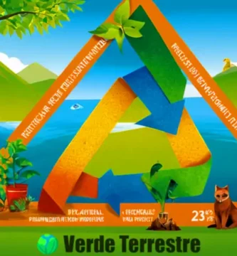 Ilustración moderna que muestra símbolos de reciclaje en un entorno natural vibrante