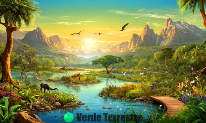 Ilustración educativa colorida que muestra ecosistemas diversos con plantas y animales interactuando, resaltando la biodiversidad y tipos de sinecología