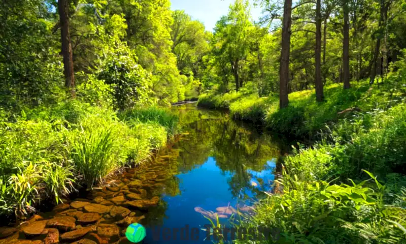 Ecosistema diverso con plantas, animales e insectos en un bosque vibrante, un río y un cielo azul
