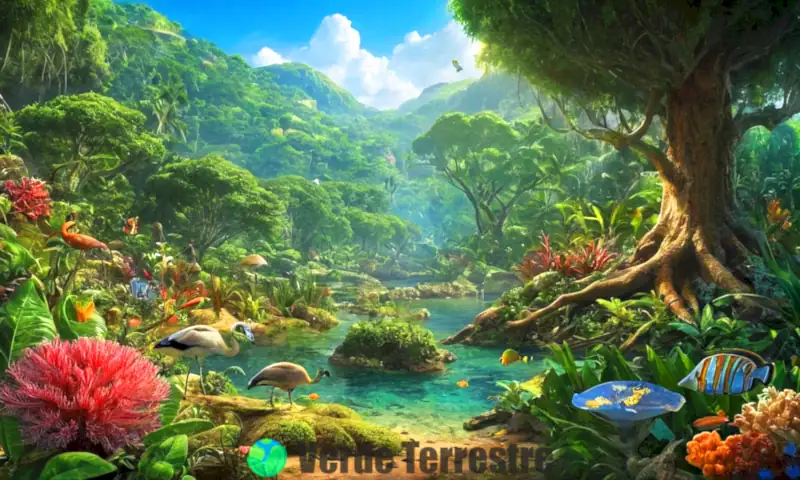 Ilustración educativa de synecología que muestra diversos ecosistemas, incluyendo un bosque, un arrecife de coral y un prado, con especies interaccionando y ejemplos etiquetados de flora y fauna