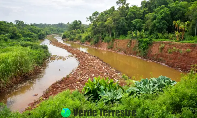 Paisaje dividido que muestra un río contaminado con ecosistemas dañados y, al lado, un río rejuvenecido con vegetación y personas practicando sostenibilidad