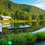 Científicos en un lago limpio rodeado de vegetación realizan pruebas de agua