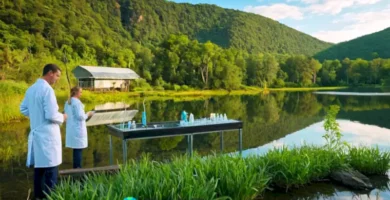 Científicos en un lago limpio rodeado de vegetación realizan pruebas de agua