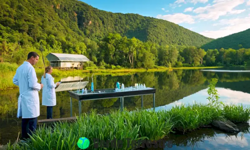 Científicos en un lago limpio rodeado de vegetación realizan pruebas de agua