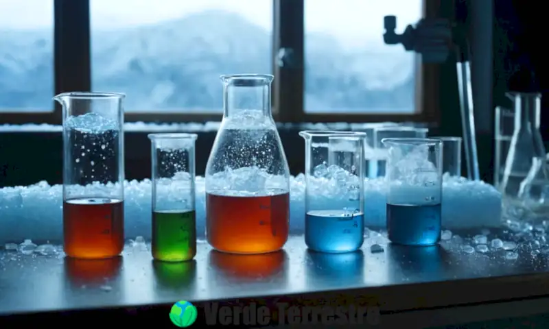 Representación realista del proceso de solidificación en un laboratorio con sustancias líquidas convirtiéndose en sólidas, rodeadas de escarcha y cristales de hielo