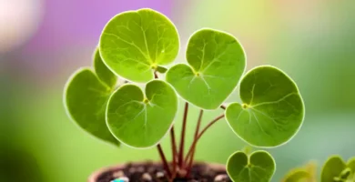 Acercamiento de una suculenta Ceropegia woodii con hojas en forma de corazón en tonos verdes y púrpuras