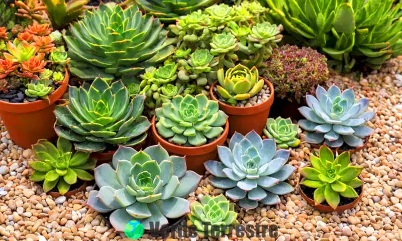 Portada con 13 suculentas de diferentes formas y colores en un jardín vibrante, con luz suave y herramientas de jardinería