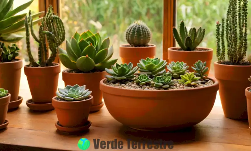 Colección vibrante de 13 suculentas en macetas de terracota sobre una mesa de madera, iluminadas por luz natural