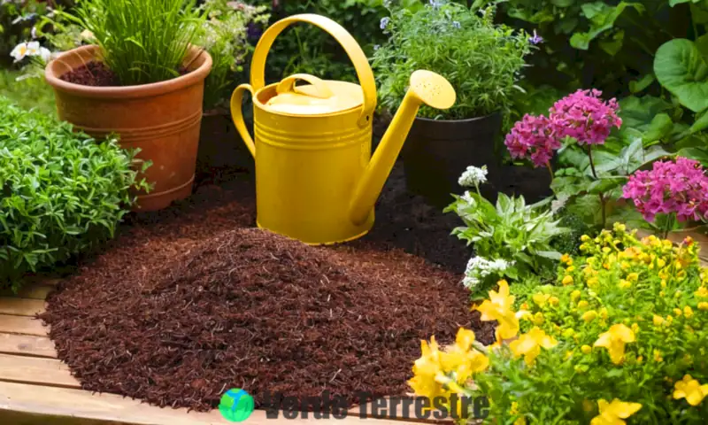 Primer plano de sustrato de turba en un jardín vibrante, rodeado de plantas verdes y herramientas de jardinería