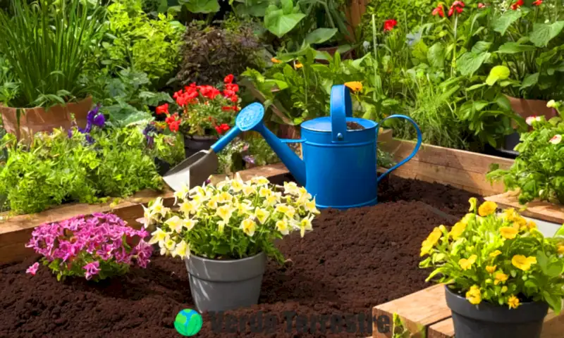 Jardín exuberante con plantas sanas en macetas de turba oscura y herramientas de jardinería, rodeado de flores coloridas