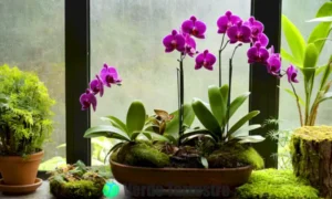Ramo de orquídeas vibrantes en un invernadero luminoso