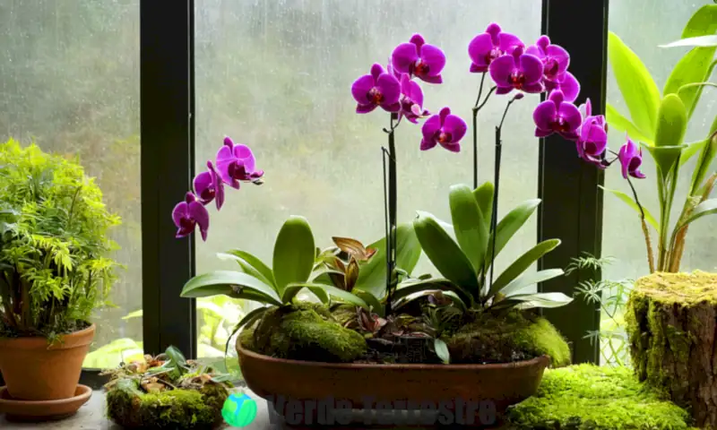 Ramo de orquídeas vibrantes en un invernadero luminoso