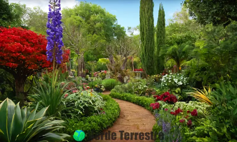 Ilustración botánica de diferentes tipos de tallos de plantas, con partes esenciales etiquetadas en un jardín botánico vibrante