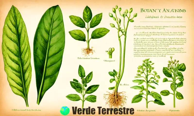 Ilustración botánica de un tallo de planta con partes etiquetadas, en un invernadero vibrante