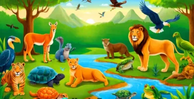 Ilustración educativa de animales en su hábitat