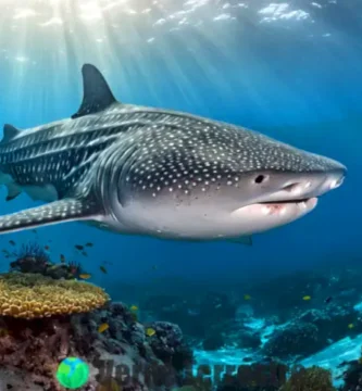 Un tiburón ballena nadando entre un vibrante arrecife de coral lleno de vida marina