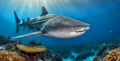 Un tiburón ballena nadando entre un vibrante arrecife de coral lleno de vida marina