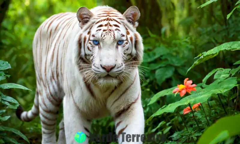 Tigre blanco etéreo en una jungla vibrante, rodeado de vegetación densa y flores coloridas, con cazadores furtivos al fondo