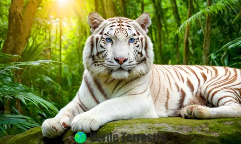 Tigre blanco en una jungla exuberante, descansando sobre una roca, con un ambiente que refleja la urgencia de la conservación