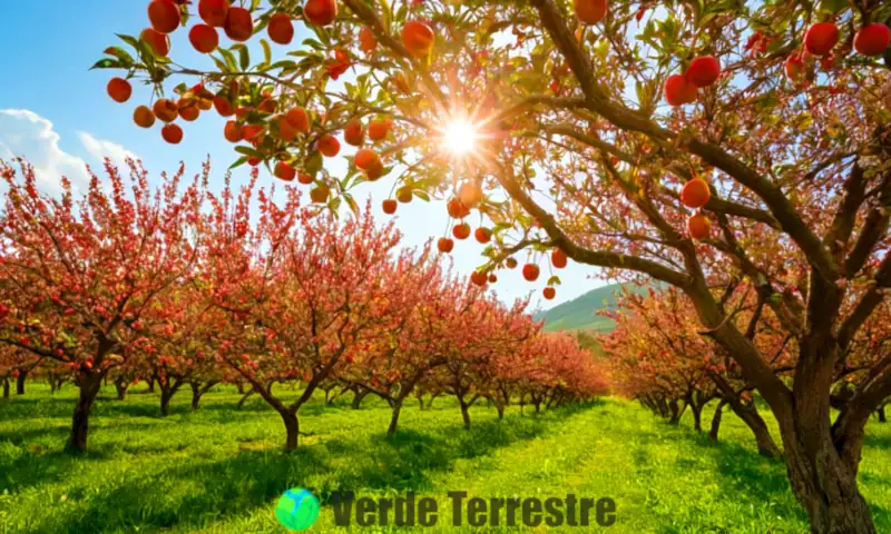 Guía ilustrada de árboles frutales en un huerto, con manzanos, cerezos y naranjos bajo un cielo soleado