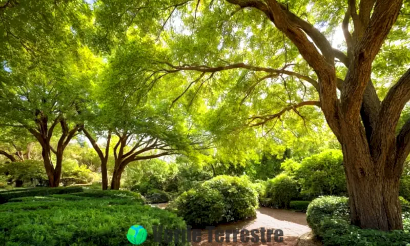 Jardín sereno con árboles ornamentales de vibrante follaje y texturas únicas, bajo un cielo azul y luz suave