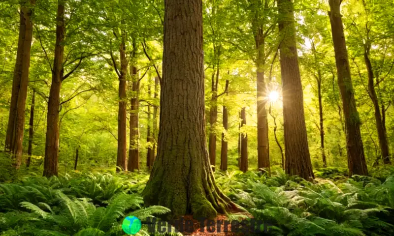 Ilustración educativa de diversos árboles en un bosque, mostrando sus características y nombres en un estilo realista