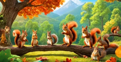 Illustración colorida de 20 especies de ardillas en un bosque