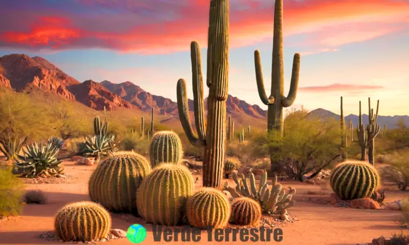 Ilustración de varios tipos de cactus en un paisaje desértico vibrante, con un atardecer cálido
