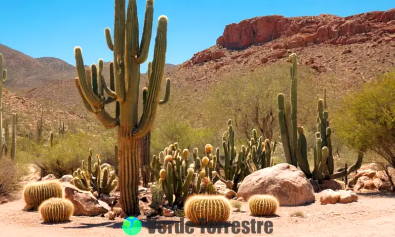 Portada vibrante de cactáceas en un desierto soleado con varias especies etiquetadas