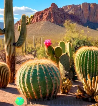 Collage vibrante de diversas especies de cactus en un paisaje desértico bajo un cielo azul y un sol brillante
